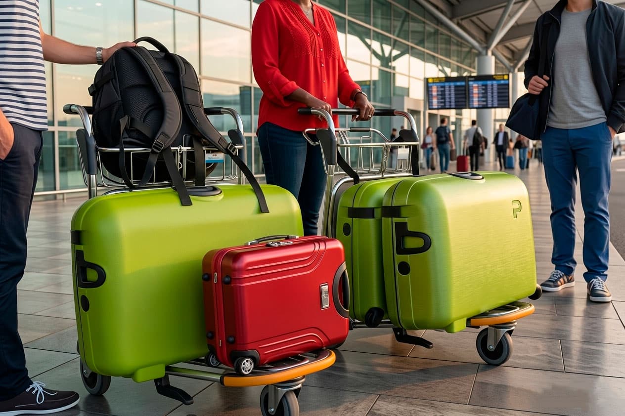 Pasajeros con equipaje en el Aeropuerto Barcelona-El Prat listos para el taxi