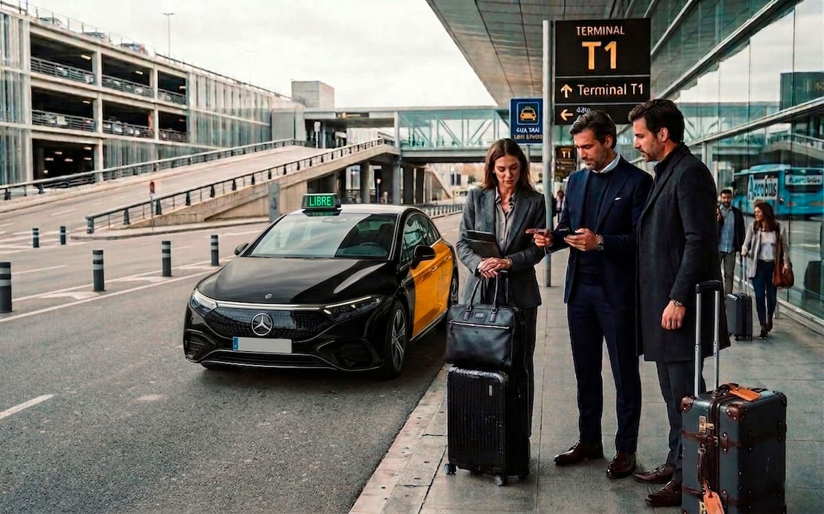 Taxi en Terminal T1 del Aeropuerto Barcelona El Prat con viajeros de negocios